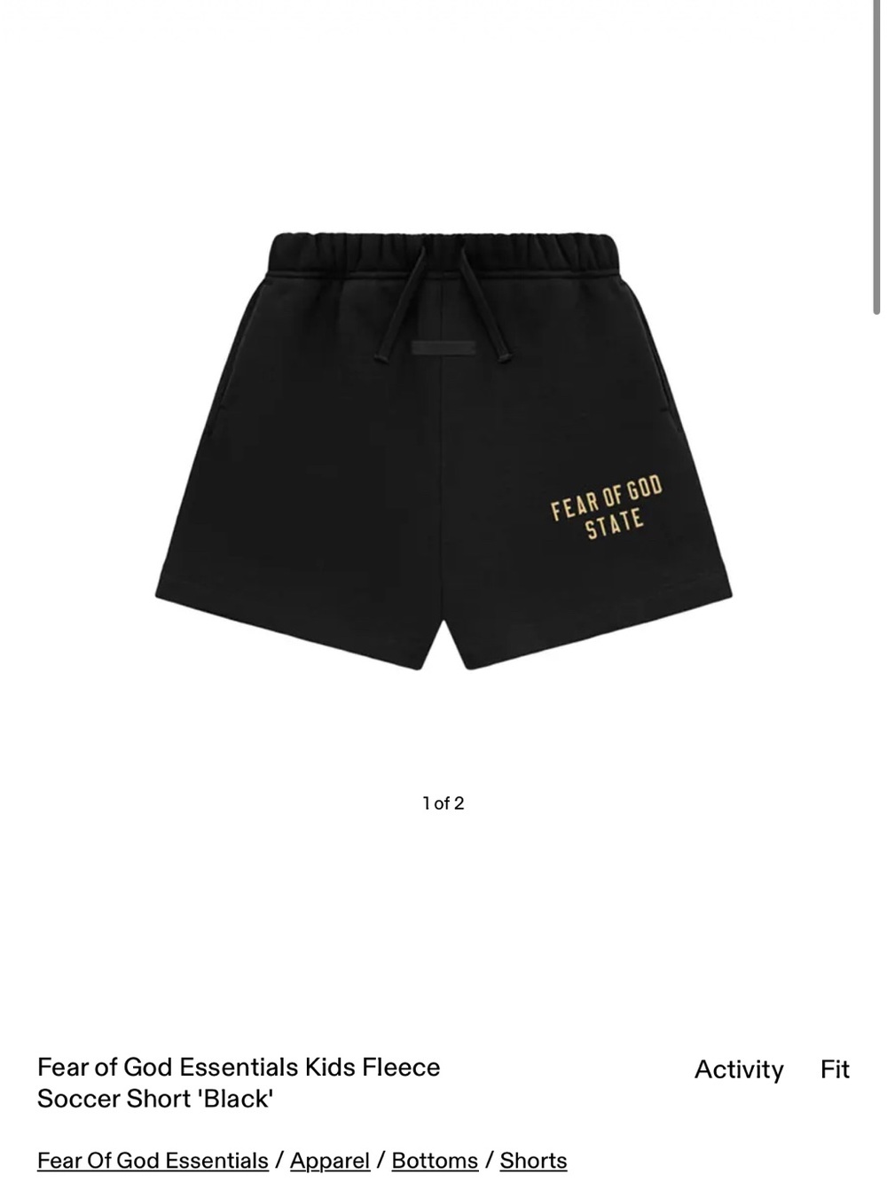Essentials Kids Black Shorts with Gold 'Fear of God State' Logo